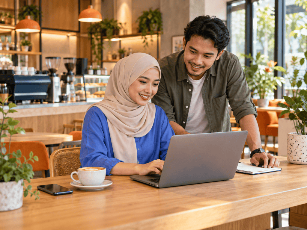 A Malaysian café business owner and colleague reviewing work on a laptop