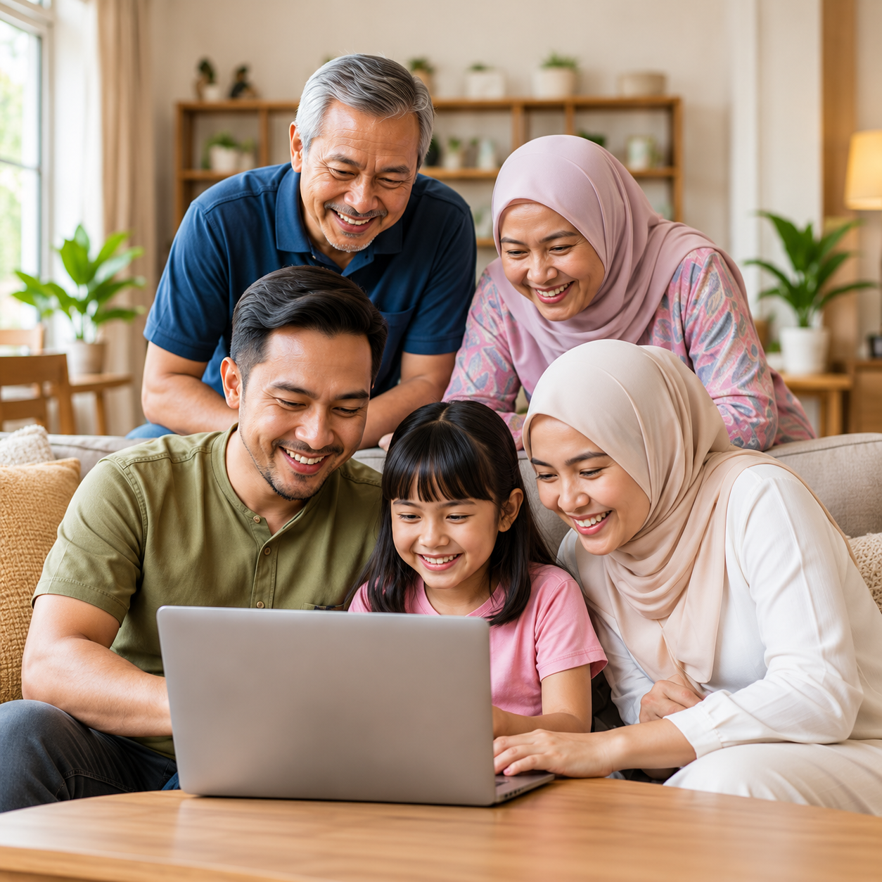 A Malaysian family enjoying time together around a laptop at home